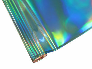 Roll of hot press foil with blue and green hologram rainbow color pattern. Can be used for multiple craft projects.