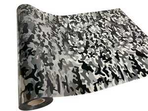 Roll of hot press foil with black silver and clear color in a camouflage pattern. Can be used for multiple craft projects.