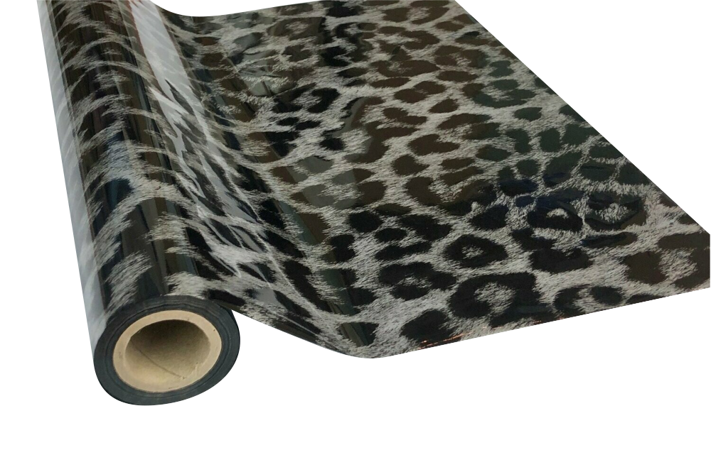 Roll of hot press foil with silver hair like background and black cheetah spot pattern. Can be used for multiple craft projects.