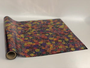 Roll of hot press foil purple yellow green and orange galaxy hologram pattern. Can be used for multiple craft projects.