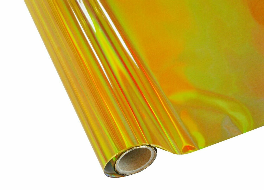 Roll of hot press foil with gold hologram rainbow color and no pattern. Can be used for multiple craft projects.