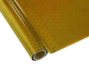 Roll of hot press foil with gold color and hexagon hologram pattern. Can be used for multiple craft projects.