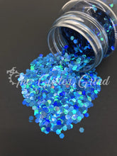 Load image into Gallery viewer, Blue with green and teal shimmer holographic jumbo cut polyester glitter