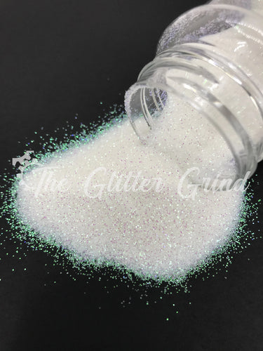 White with green shimmer rainbow ultra fine cut polyester glitter