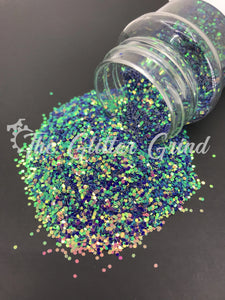 Blue, green, and yellow color shift chunky cut polyester glitter