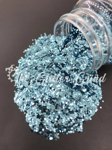 Prussian blue 1/24 size chunky basic metallic glitter. Polyester glitter 2 oz by weight. Bottled glitter.