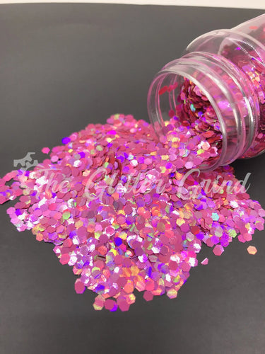 Plumeria purple 1/10 size jumbo holographic glitter. Polyester glitter 2 oz by weight. Bottled glitter.