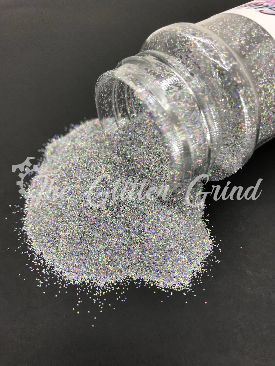 Silver with multi-color shimmer holographic ultra fine cut polyester glitter