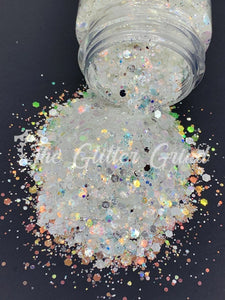 White with multi-color shimmer rainbow mix polyester glitter