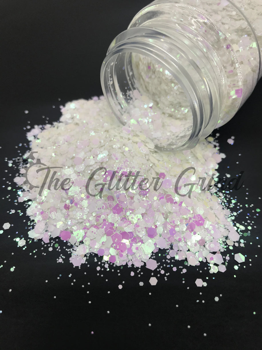 White with pink and green shimmer rainbow mix polyester glitter