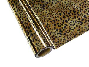 Roll of hot press foil with bronze background and black leopard spot pattern. Can be used for multiple craft projects.
