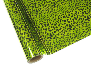 Roll of hot press foil with bright green background and black leopard spot pattern. Can be used for multiple craft projects.