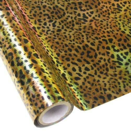 Roll of hot press foil with hologram gold background color and leopard spot pattern. Can be used for multiple craft projects.