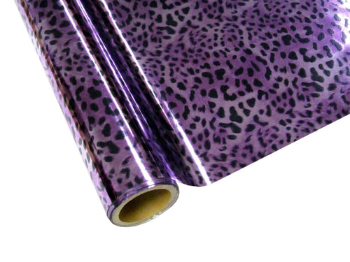 Roll of hot press foil with purple color background and black leopard spot pattern. Can be used for multiple craft projects.