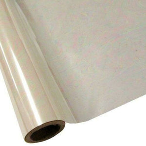 Roll of hot press foil with white transparent background and oil slick pattern. Can be used for multiple craft projects.
