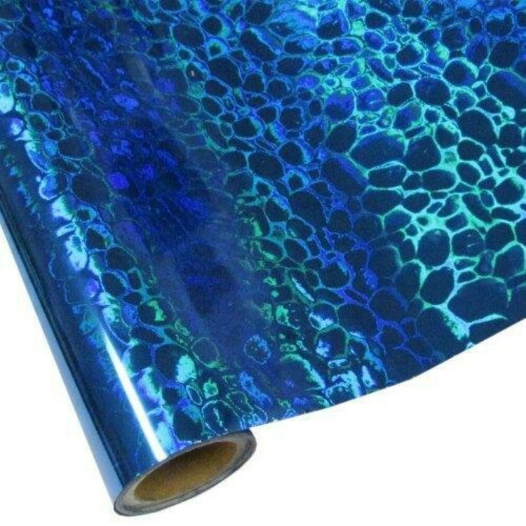 Roll of hot press foil with blue background and hologram pebble pattern. Can be used for multiple craft projects.