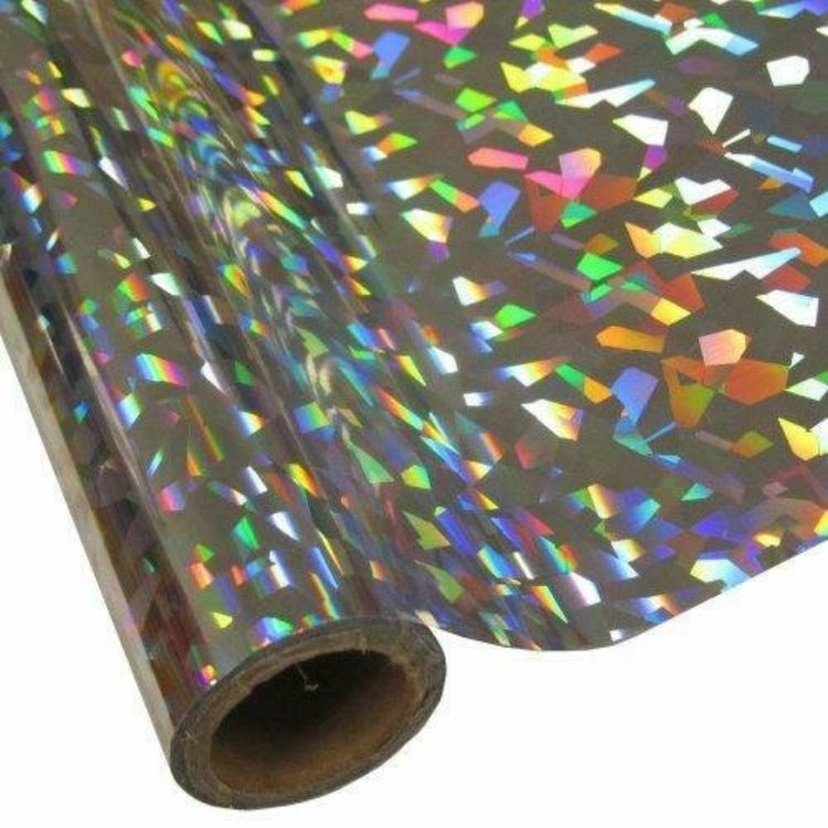 Roll of hot press foil with silver color background and cracked shard hologram pattern. Can be used for multiple craft projects.