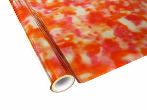 Roll of hot press foil with silver orange and red tie dye pattern. Can be used for multiple craft projects.